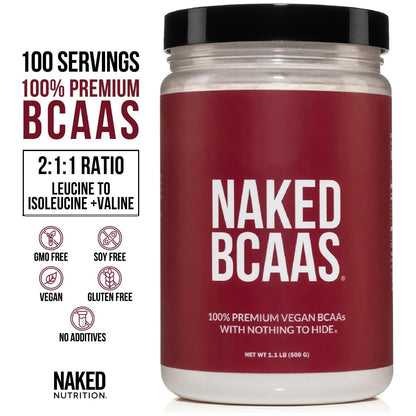 NAKED BCAAs Amino Acids Powder, Only 1 Ingredient, Pure 2:1:1 Formula, Vegan Unflavored Branched Chain Amino Acids, Instantized All Natural BCAA Supplement - 500 Grams, 100 Servings - Maple Wellness Supplements