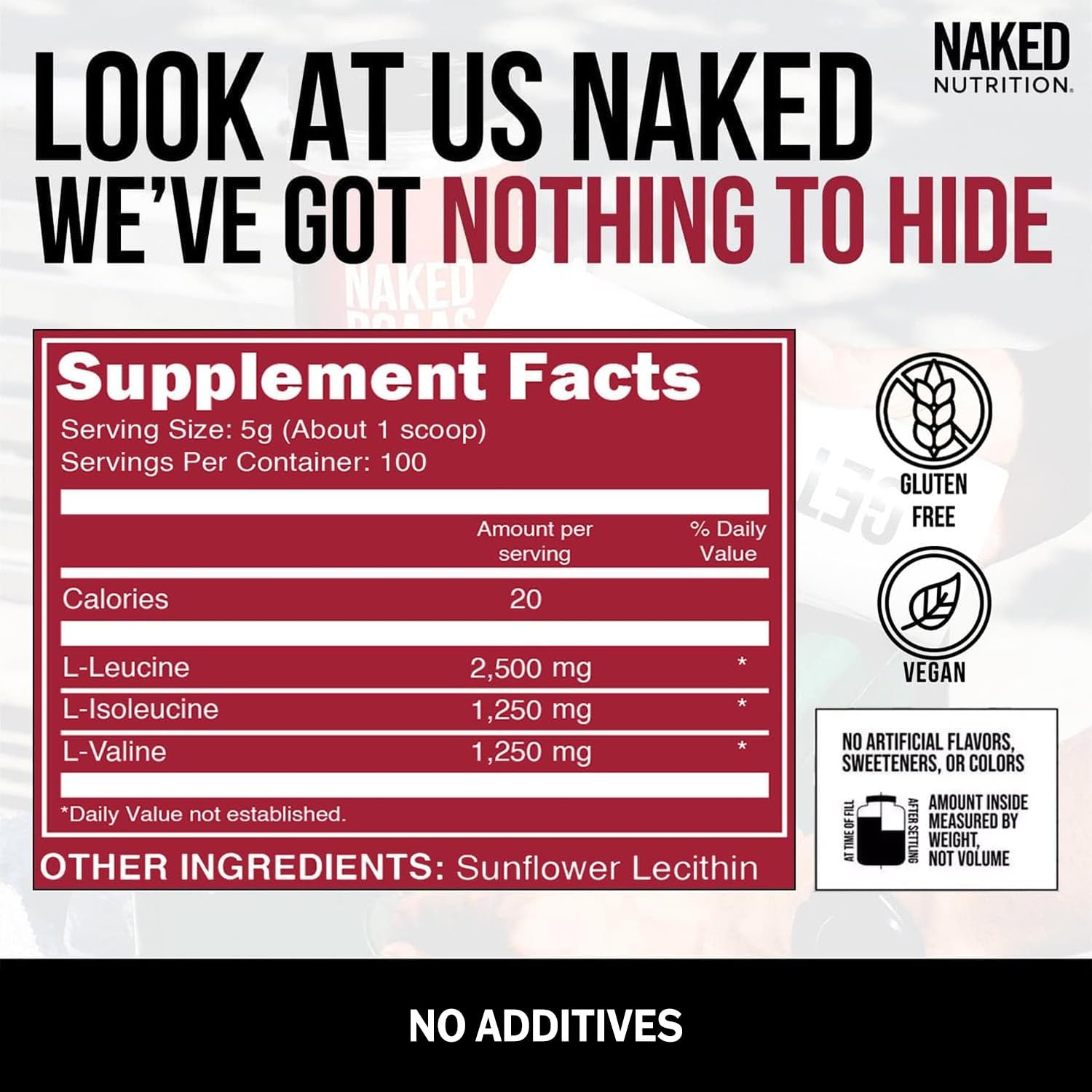 NAKED BCAAs Amino Acids Powder, Only 1 Ingredient, Pure 2:1:1 Formula, Vegan Unflavored Branched Chain Amino Acids, Instantized All Natural BCAA Supplement - 500 Grams, 100 Servings - Maple Wellness Supplements