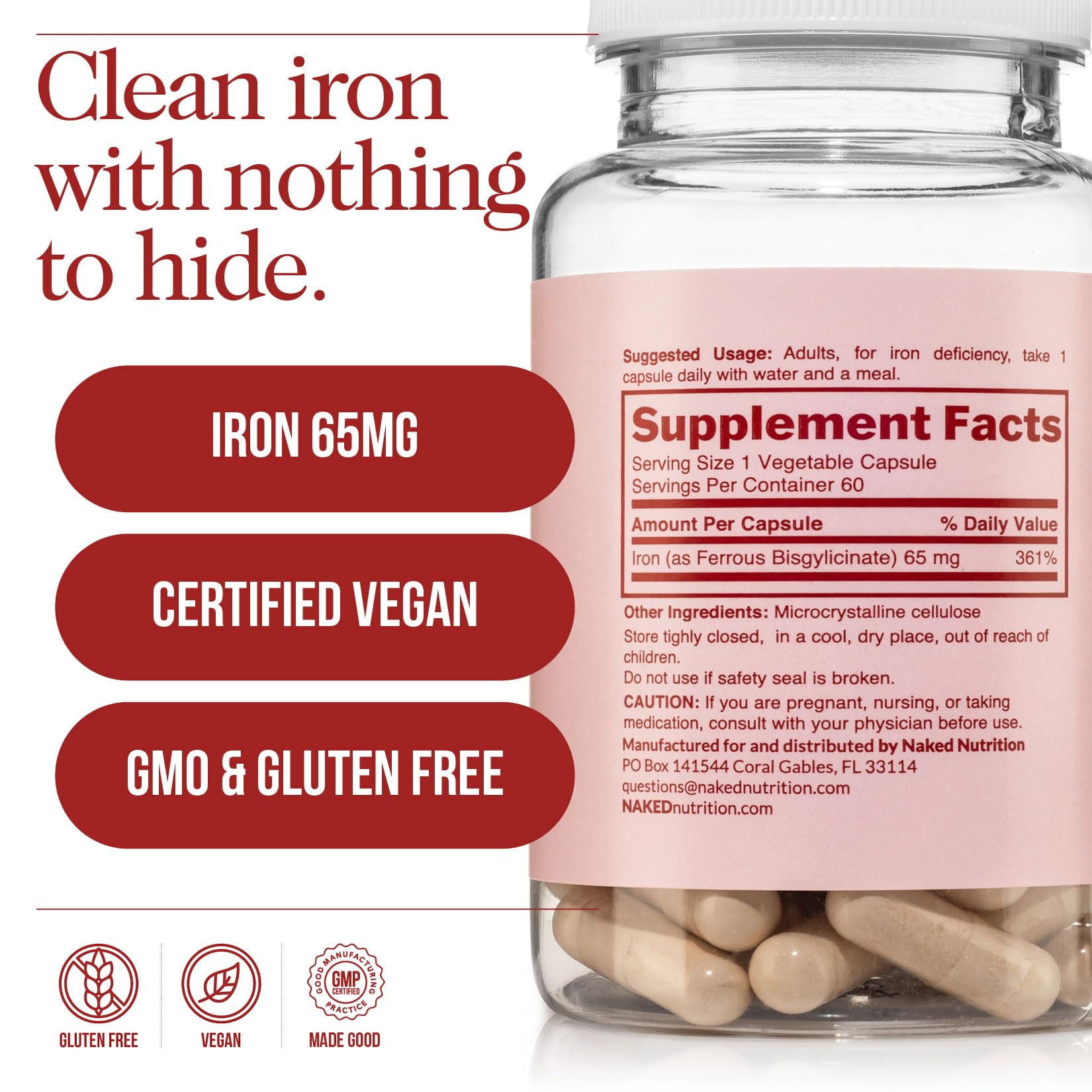 Naked Iron 65mg, 325mg Ferrous Bisglycinate - High Potency Iron Supplement for Iron Deficiency, Cellular Energy Support, Promotes Healthy Red Blood Cell Production - Maple Wellness Supplements