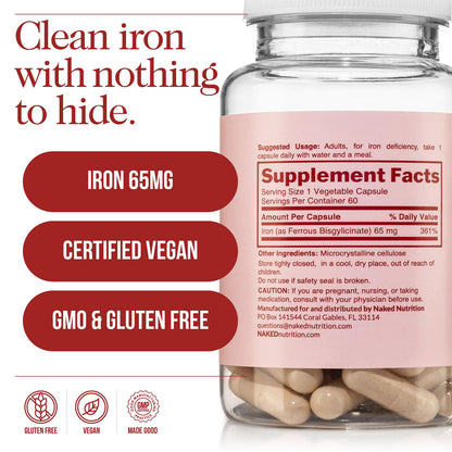 Naked Iron 65mg, 325mg Ferrous Bisglycinate - High Potency Iron Supplement for Iron Deficiency, Cellular Energy Support, Promotes Healthy Red Blood Cell Production - Maple Wellness Supplements