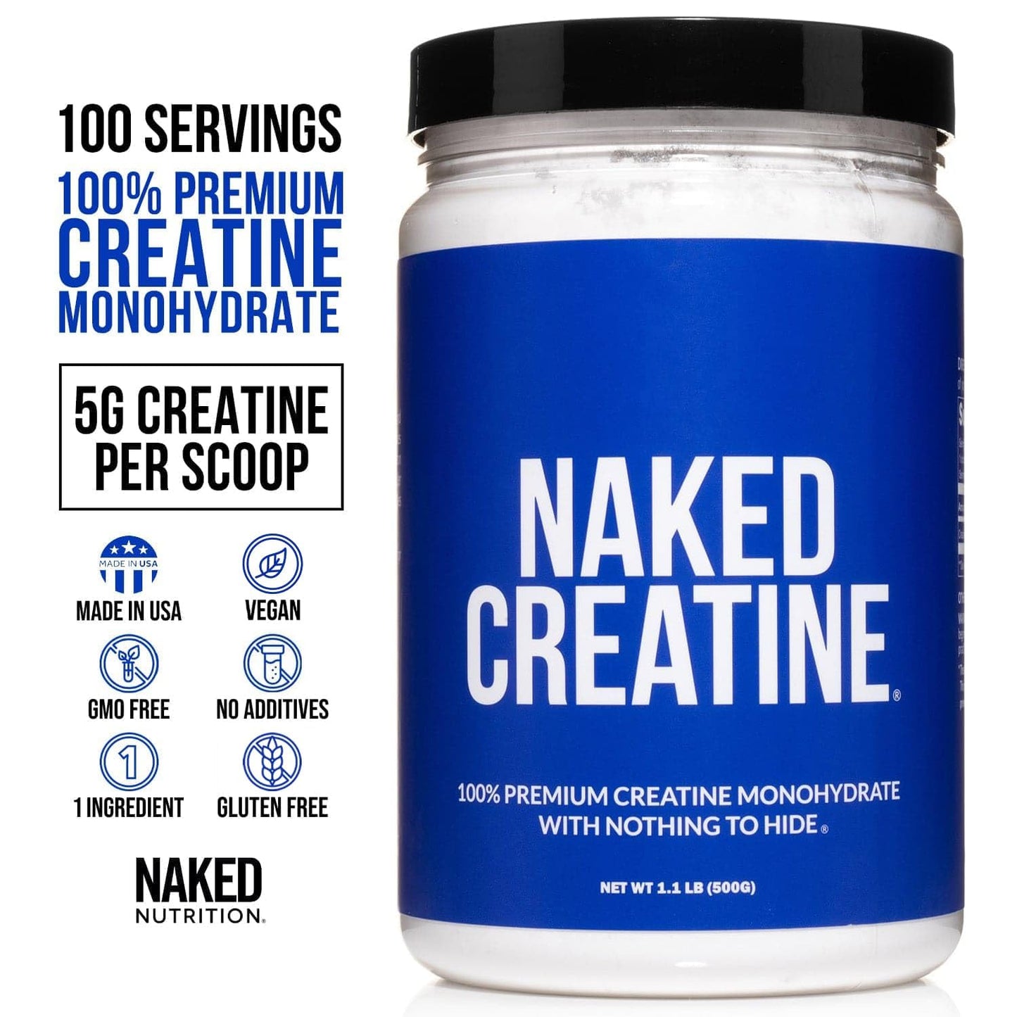 NAKED Pure Micronized Creatine Monohydrate Powder - NSF Certified, Unflavored, 500g, 1.1lb Bulk - Vegan, Non-GMO, Gluten-Free, Soy-Free - Maple Wellness Supplements
