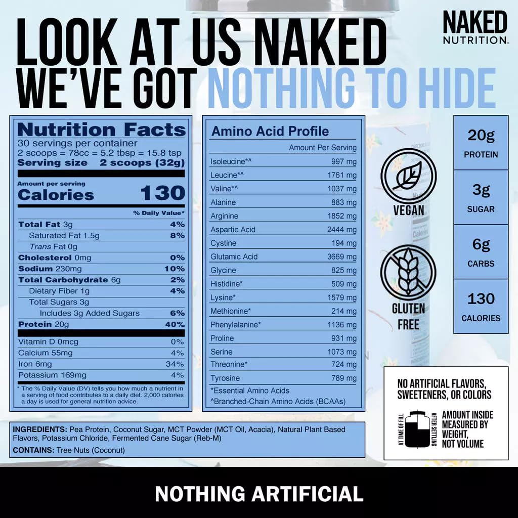 NAKED Shake - Vanilla Protein Powder - Plant Based Protein Shake with Mct Oil, NSF Certified, Gluten-Free, Soy-Free, No Gmos Or Artificial Sweeteners - 30 Servings - Maple Wellness Supplements