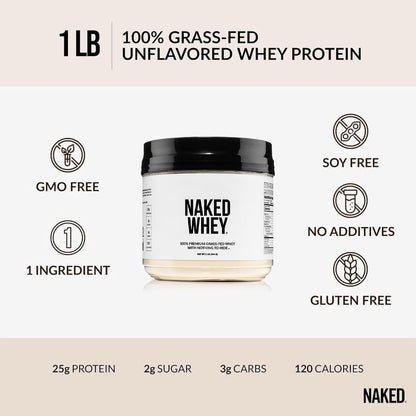 NAKED Whey 1Lb - Only 1 Ingredient, Grass Fed Whey Protein Powder, NSF Certified, Undenatured, No Gmos, No Soy, Gluten Free - Maple Wellness Supplements