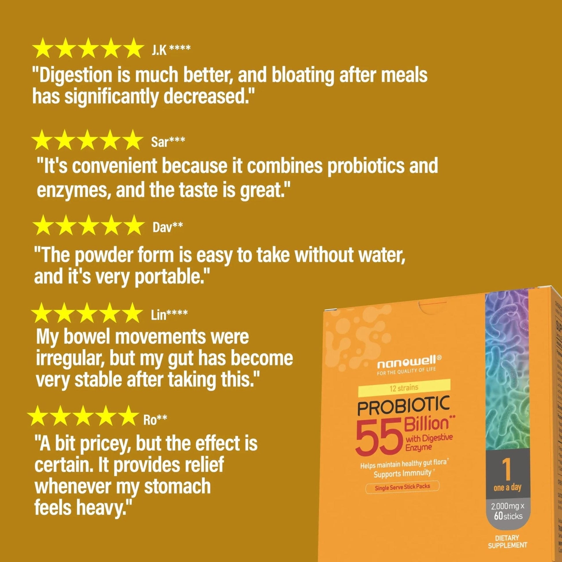 NANOWELL 12 Strains Probiotic 55 Billion CFU with Digestive Enzymes Powder - Immune Support, Gut Health, Probiotics, Prebiotics & Postbiotics - 60 Sticks, 60 Day Supply - Maple Wellness Supplements
