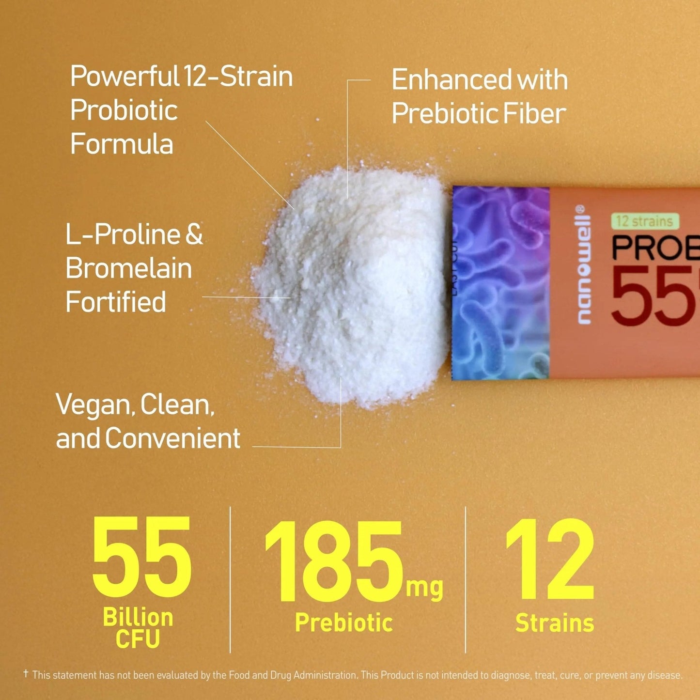 NANOWELL 12 Strains Probiotic 55 Billion CFU with Digestive Enzymes Powder - Immune Support, Gut Health, Probiotics, Prebiotics & Postbiotics - 60 Sticks, 60 Day Supply - Maple Wellness Supplements