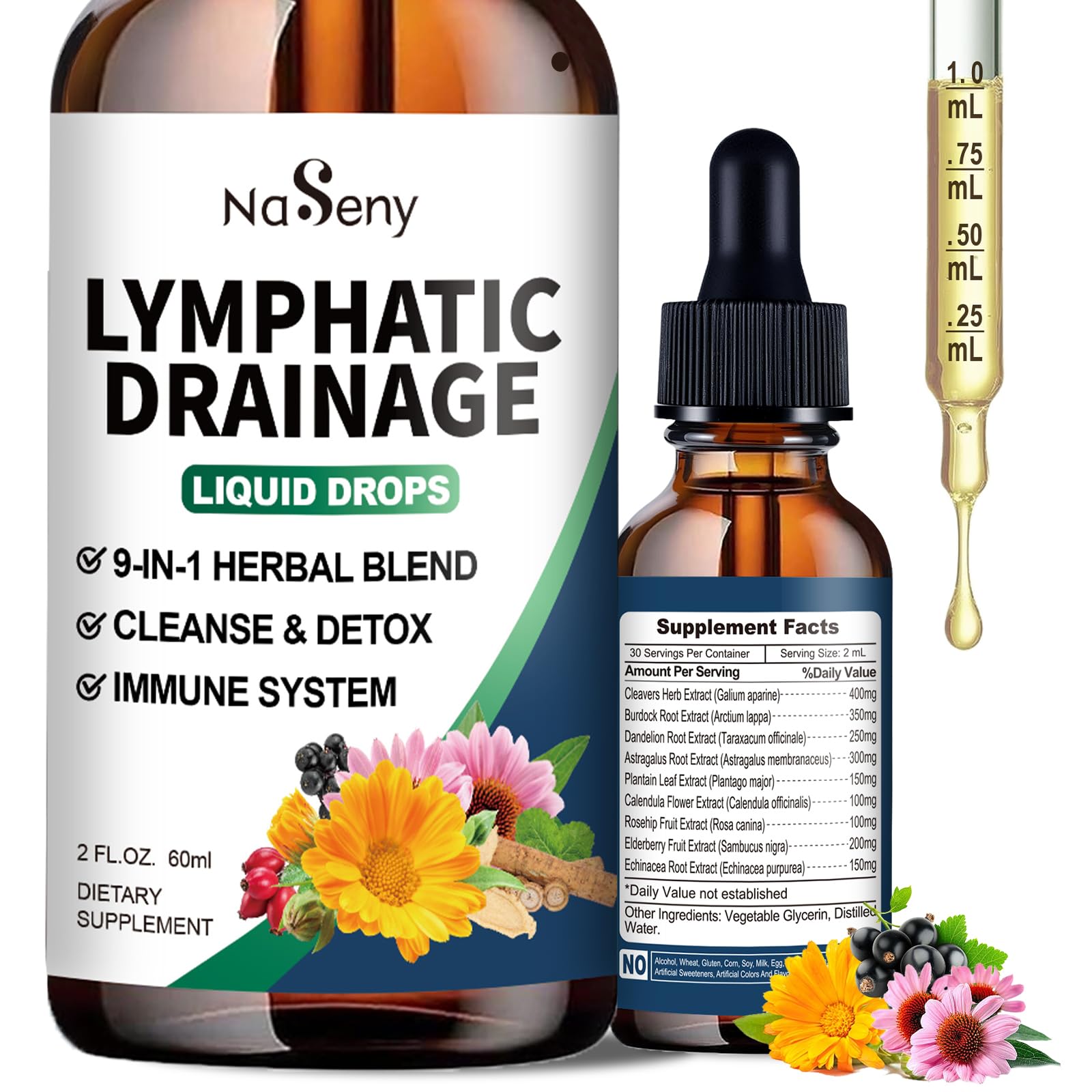 NaSeny Lymphatic Drainage Drops, 9 IN1 Lymphatic Drainage Supplements for Detox & Cleanse, Immune System Support with Echinacea, Elderberry, Dandelion, Arctium Lappa, 2 FL OZ - Maple Wellness Supplements