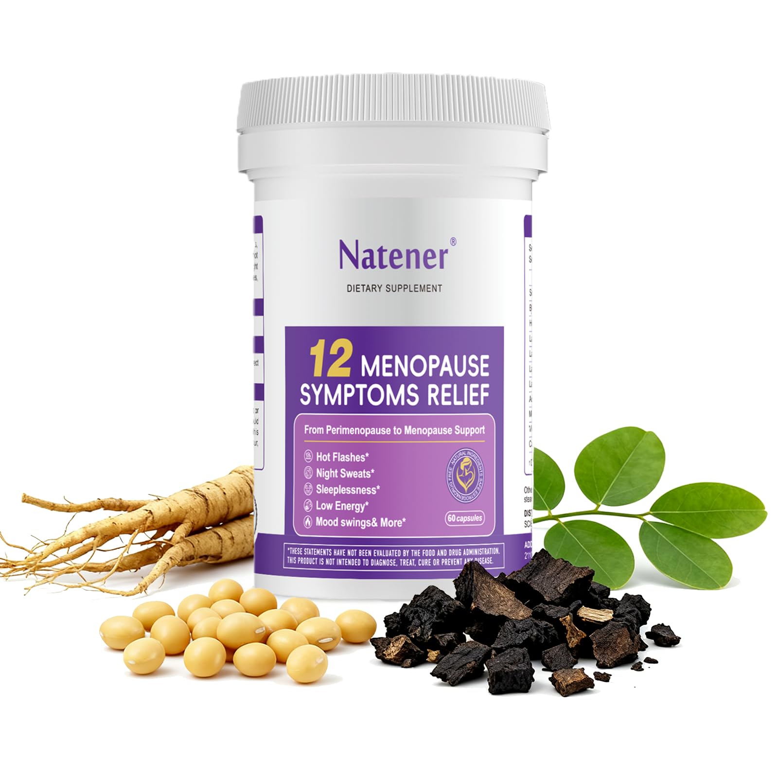 Natener Menopause Supplement for Women, Relieves 12 Menopausal Symptoms* | Black Cohosh + Soy Isoflavones + Ashwagandha + Moringa | for Alleviate Hot Flashes*, Night Sweats*, Weight* & Mood Swings* - Maple Wellness Supplements