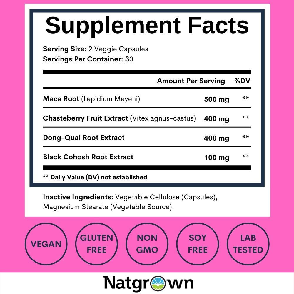 Natgrown Hormone Balance for Women PMS & Menopause Supplement for Fertility Hormonal & Menstrual Support, Helps Relief Hot Flashes - Maca Root, Vitex, Dong Quai & Black Cohosh Complex -Vegan Capsules - Maple Wellness Supplements