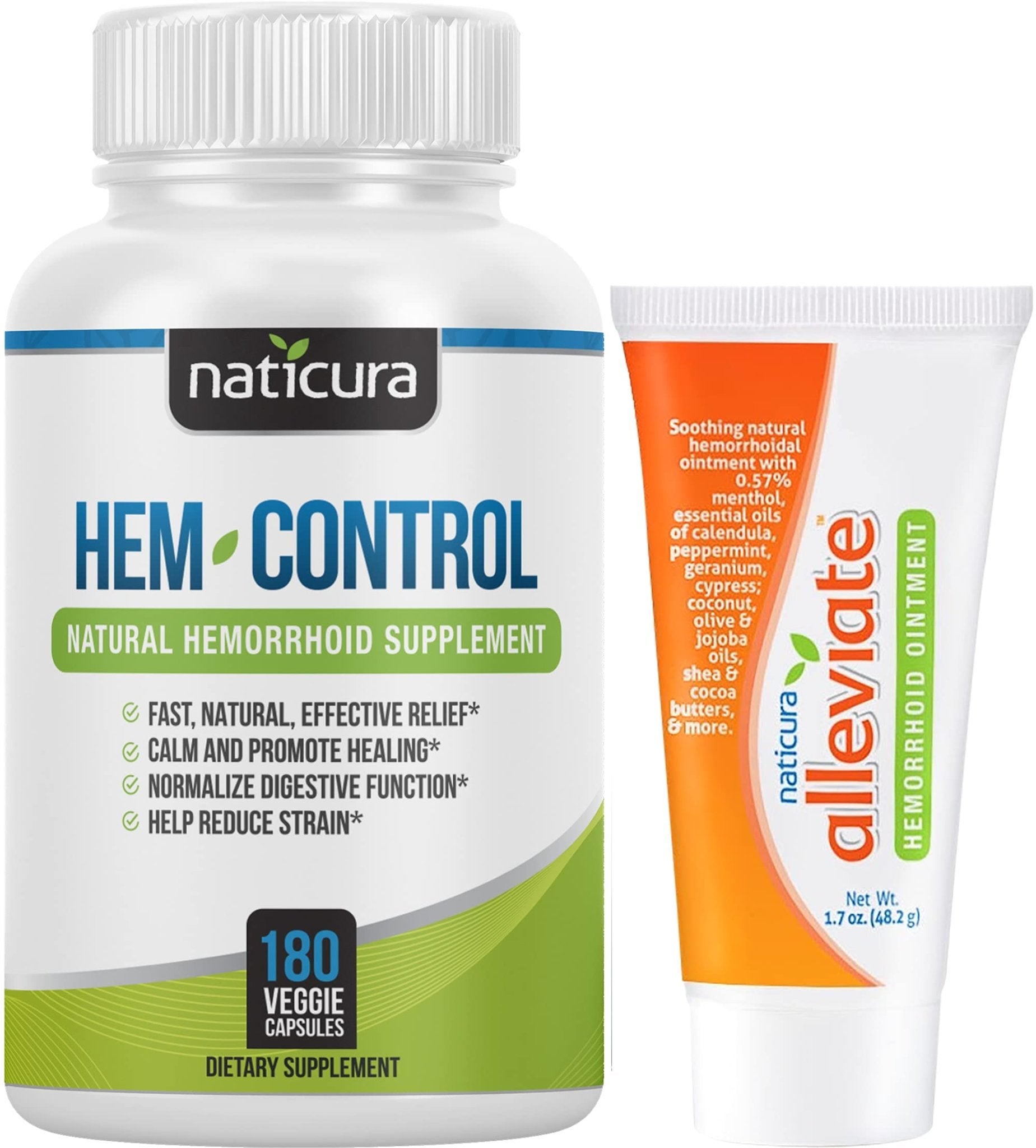 Naticura Bundle - Hem-Control Vegan Digestive Support Supplement (180 Count) and Alleviate Natural Hemorrhoid Relief Cream for Burning, Itching and Swelling (1.7 oz) Plus 2 Travel-Size Tubes - Maple Wellness Supplements