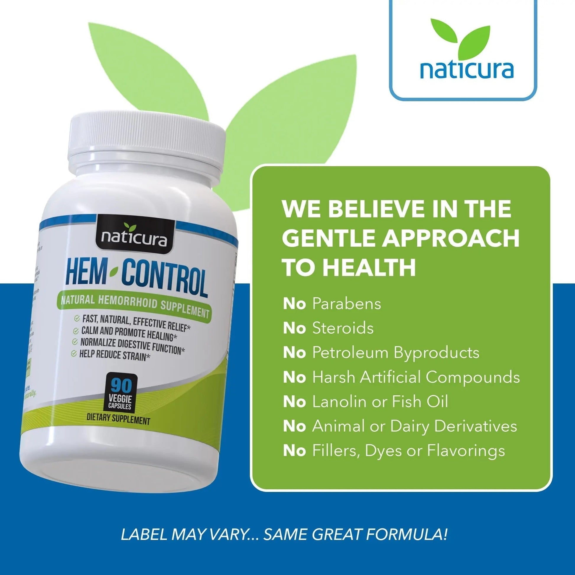 Naticura Hem-Control - Fast Effective Hemorrhoid Treatment Supplement - Powerful Formula to Promote Symptom Relief, Shrinking of Hemorrhoids, Ease Discomfort - 90 Vegan Capsules - Made in USA - Maple Wellness Supplements