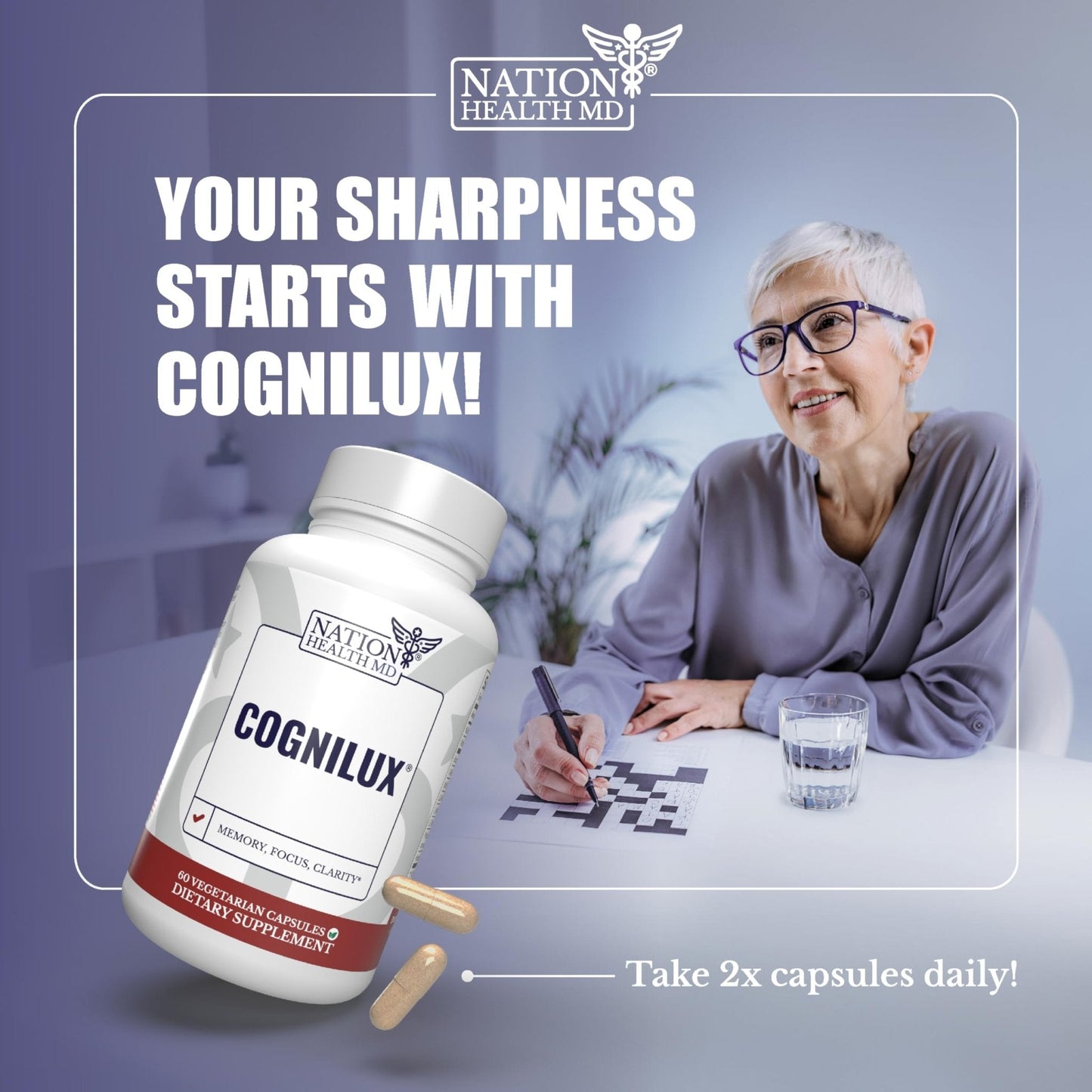 NATION HEALTH MD Cognilux - Brain Supplements for Memory and Focus - Nootropic Focus Supplement with Niacin, Vitamin B6, GABA and More - Memory Supplement for Brain, Brain Health - Maple Wellness Supplements