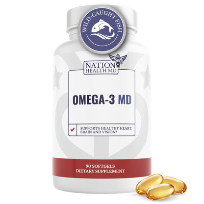NATION HEALTH MD Omega-3 MD Fish Oil - Omega 3 Supplement for Women & Men - Wild-Caught & Burpless Fish Oil 3600 mg - with Omega3 Fatty Acid EPA 1300 mg + DHA 860 mg - 90 Softgels - Maple Wellness Supplements