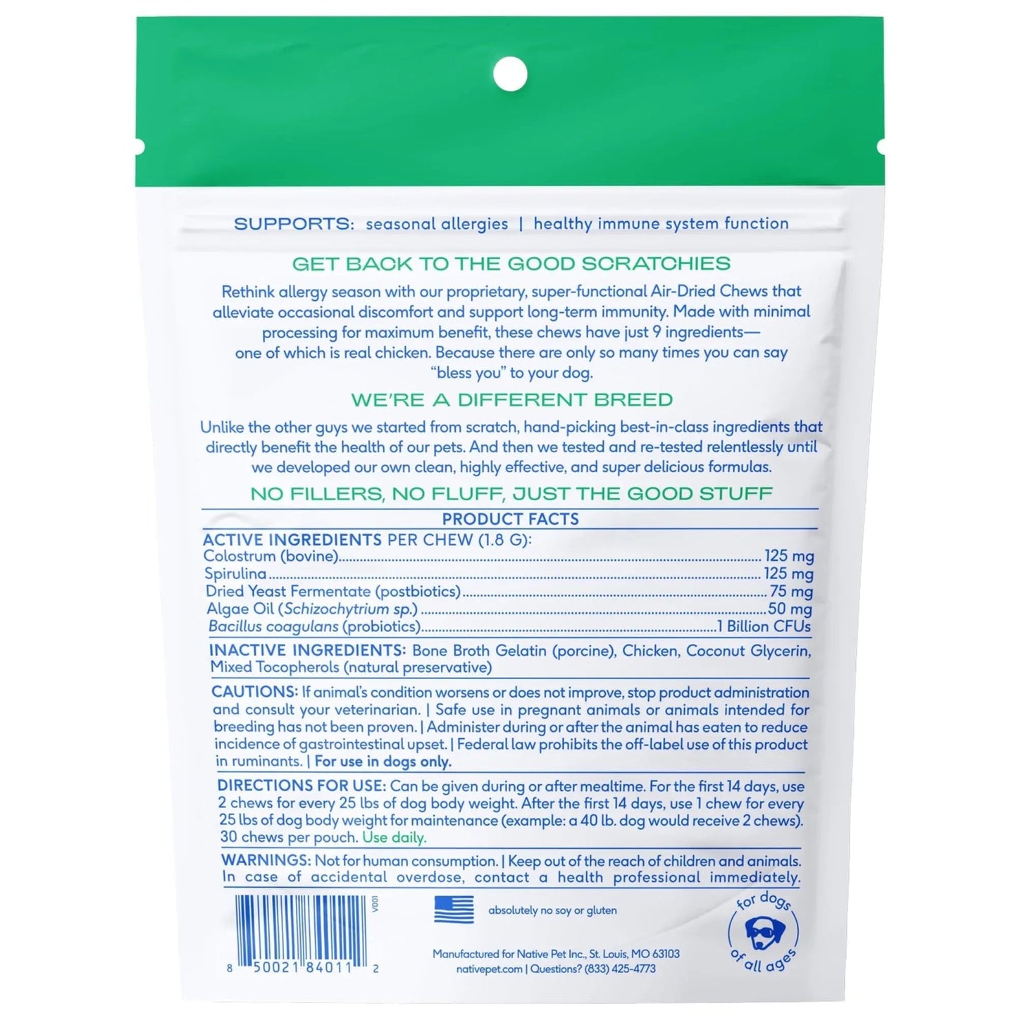 Native Pet Dog Allergy Chews - Dog Allergy Relief for Medium Breeds - Supports Seasonal Itch Relief, Healthy Immune Function & Reduces Sneezing - Colostrum, Spirulina, & Probiotics - 30 Days Supply - Maple Wellness Supplements