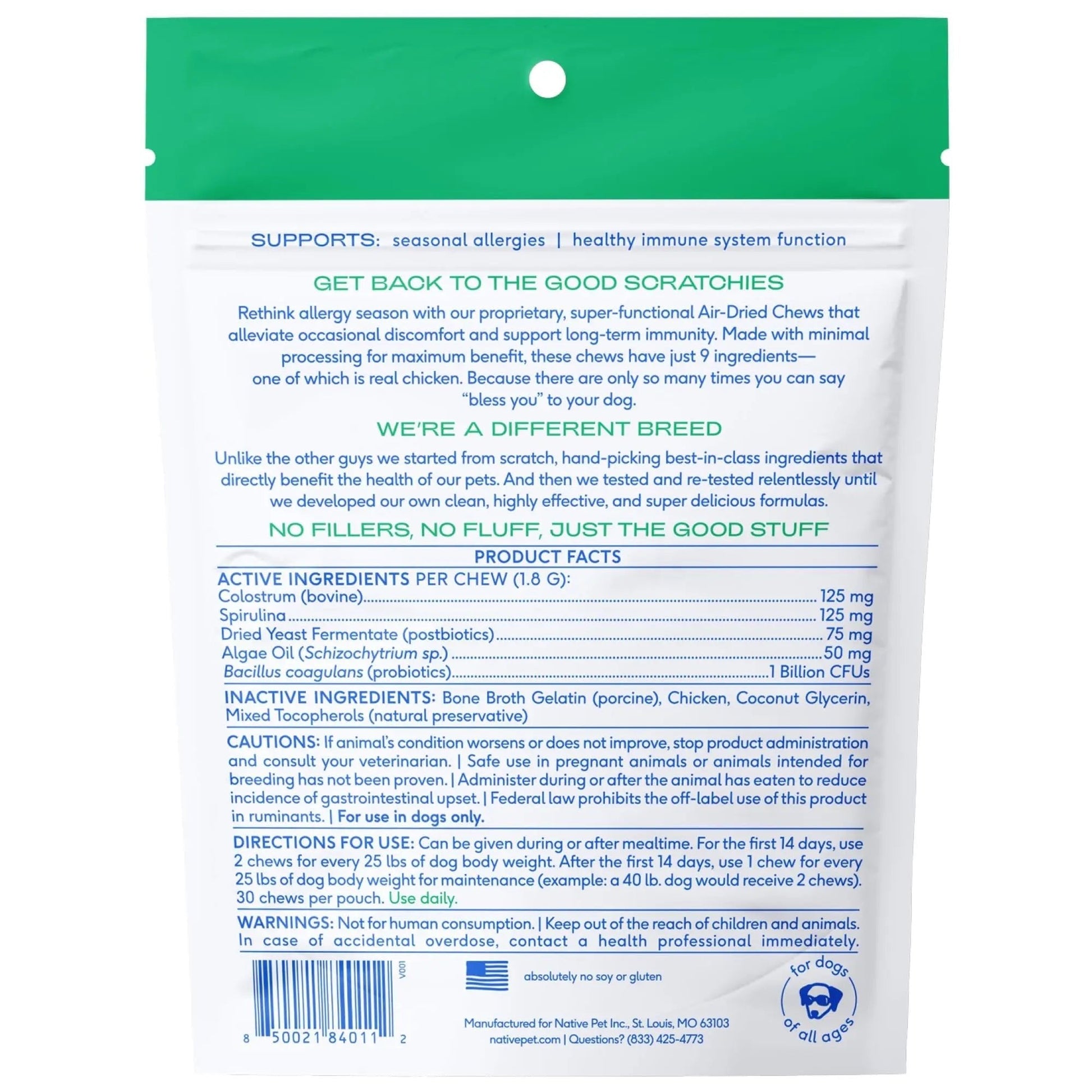 Native Pet Dog Allergy Chews - Dog Allergy Relief for Medium Breeds - Supports Seasonal Itch Relief, Healthy Immune Function & Reduces Sneezing - Colostrum, Spirulina, & Probiotics - 30 Days Supply - Maple Wellness Supplements