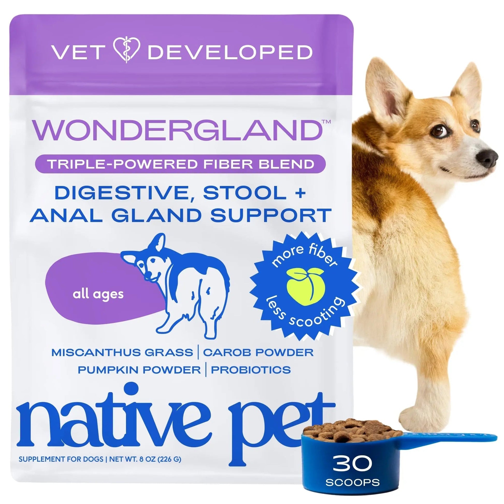 Native Pet WonderGland - Dog Anal Gland Supplement - Promotes Firm Stools, Natural Gland Expression to Help Reduce Scooting - Fiber Food Topper with Miscanthus Grass, Pumpkin & Probiotics - 30 Scoops - Maple Wellness Supplements