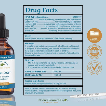 Native Remedies Sweat-Less - Natural Homeopathic Formula for Excessive Sweating, Perspiration and Clamminess - 59 mL - Maple Wellness Supplements