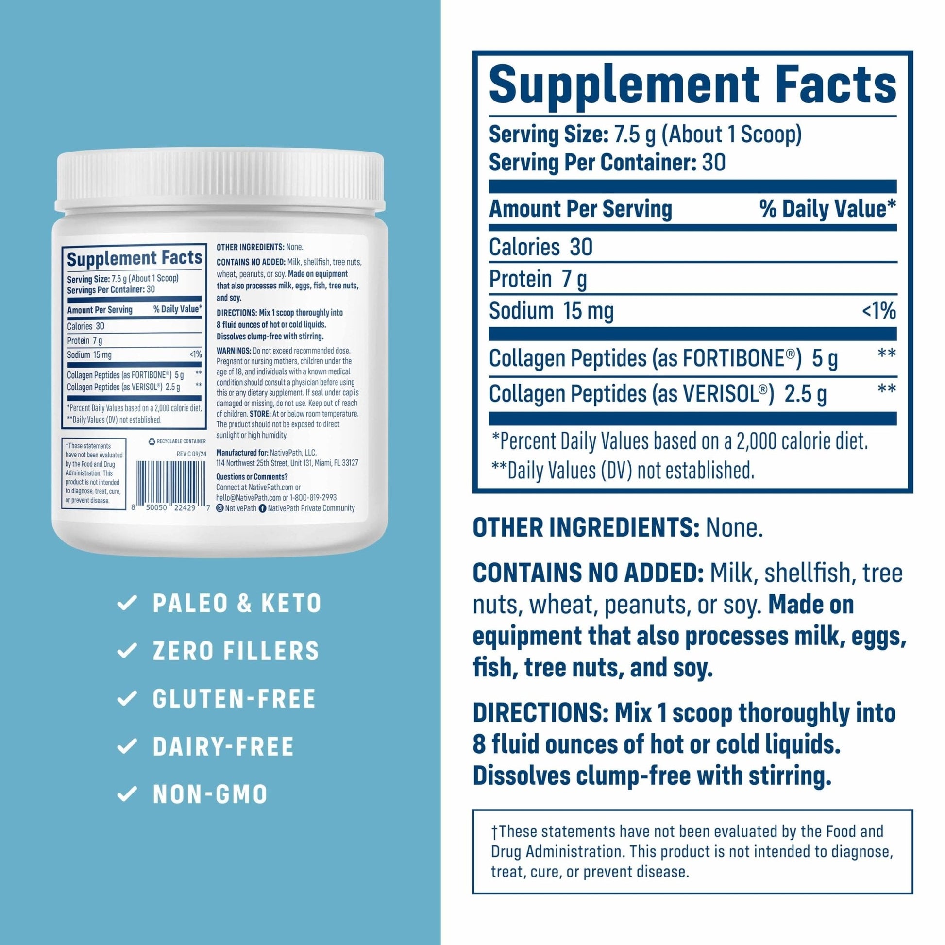 NativePath Bone Health Collagen Peptides, Type 1 & 3, with Fortibone and Verisol, 7.9 Ounce, 30 Servings - Maple Wellness Supplements