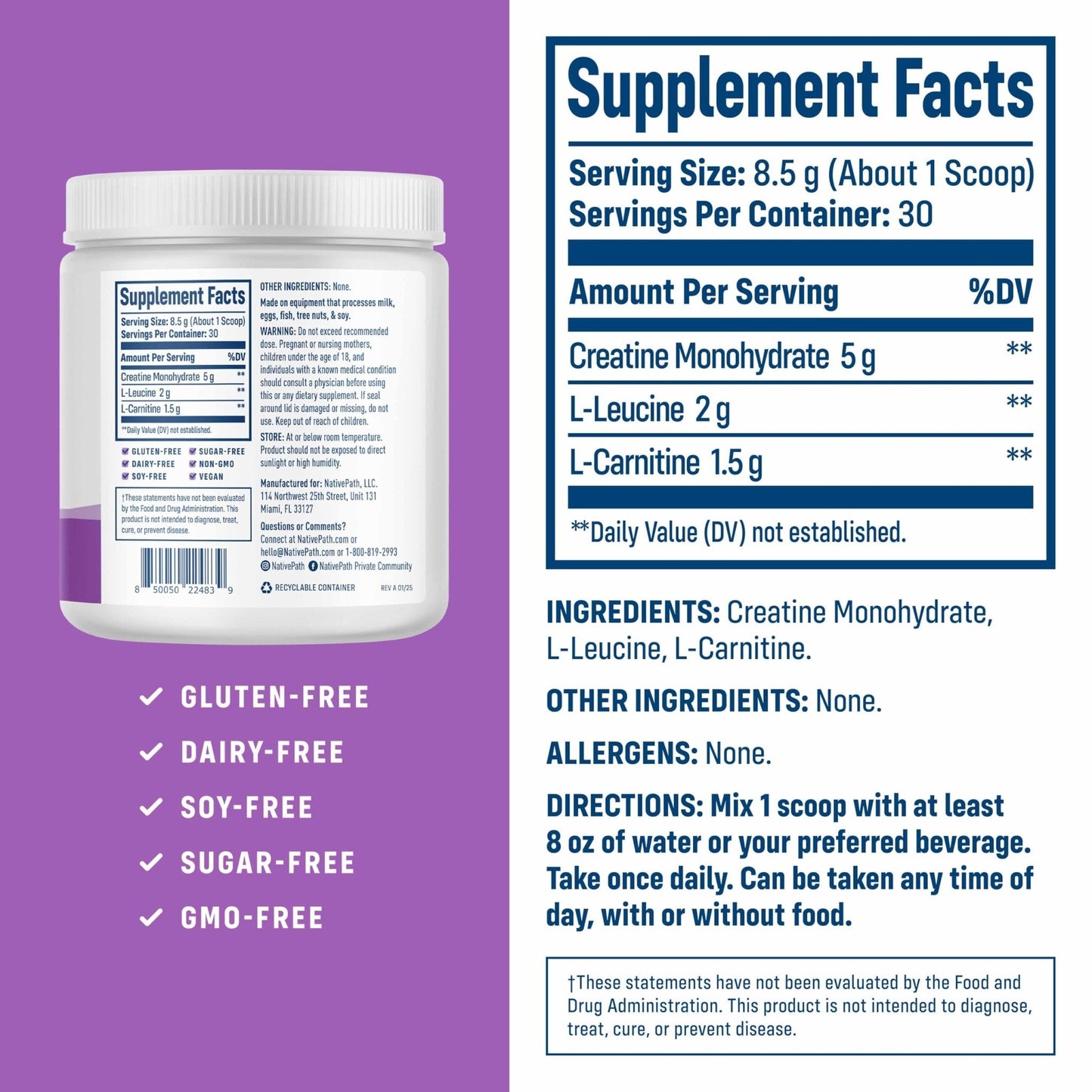 NativePath Creatine Monohydrate Powder with L-Leucine & L-Carnitine - Supports Muscle Health for Men & Women - 30 Servings - Maple Wellness Supplements