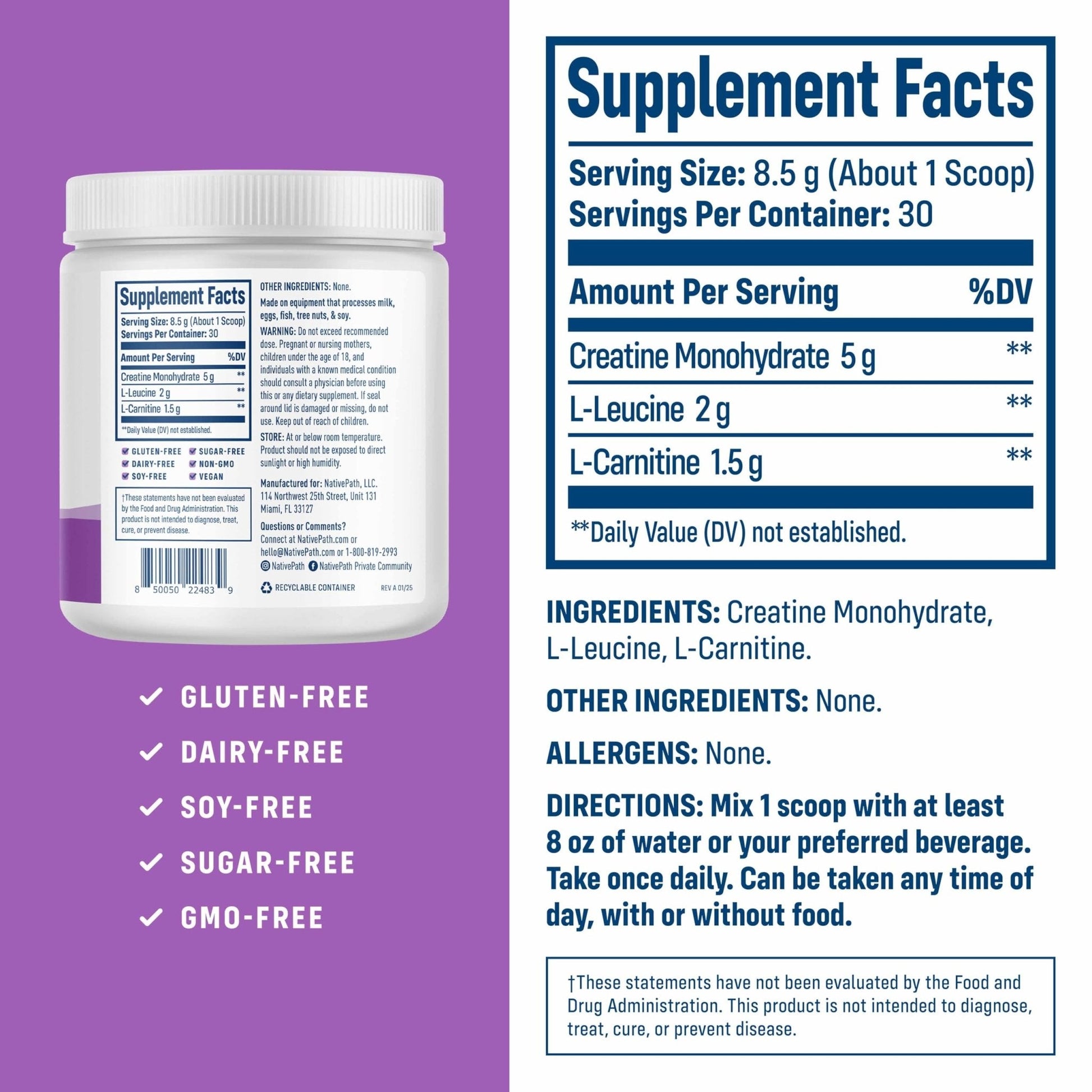 NativePath Creatine Monohydrate Powder with L-Leucine & L-Carnitine - Supports Muscle Health for Men & Women - 30 Servings - Maple Wellness Supplements