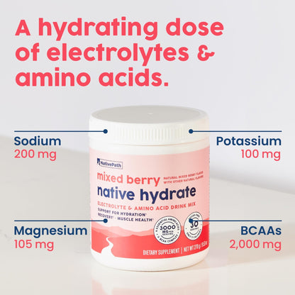 NativePath Hydrate, Zero Sugar, Electrolytes Powder with BCAAs, Mixed Berry Hydration, Keto & Paleo Friendly, 30 Servings - Maple Wellness Supplements