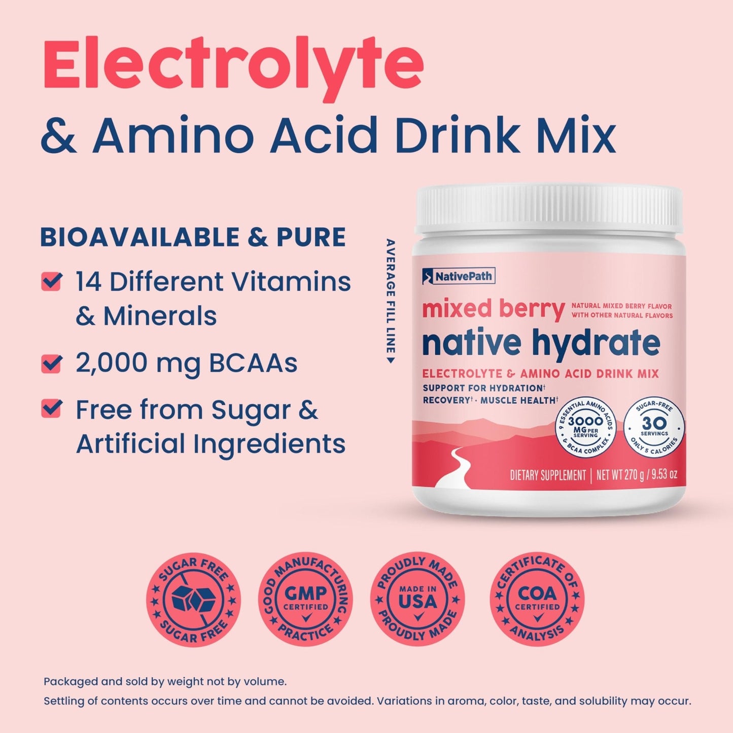 NativePath Hydrate, Zero Sugar, Electrolytes Powder with BCAAs, Mixed Berry Hydration, Keto & Paleo Friendly, 30 Servings - Maple Wellness Supplements