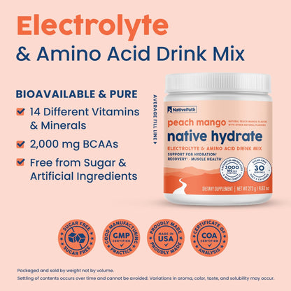 NativePath Hydrate, Zero Sugar, Electrolytes Powder with BCAAs, Peach Mango Hydration, Keto & Paleo Friendly, 30 Servings - Maple Wellness Supplements