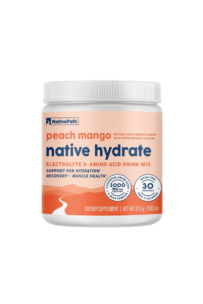 NativePath Hydrate, Zero Sugar, Electrolytes Powder with BCAAs, Peach Mango Hydration, Keto & Paleo Friendly, 30 Servings - Maple Wellness Supplements