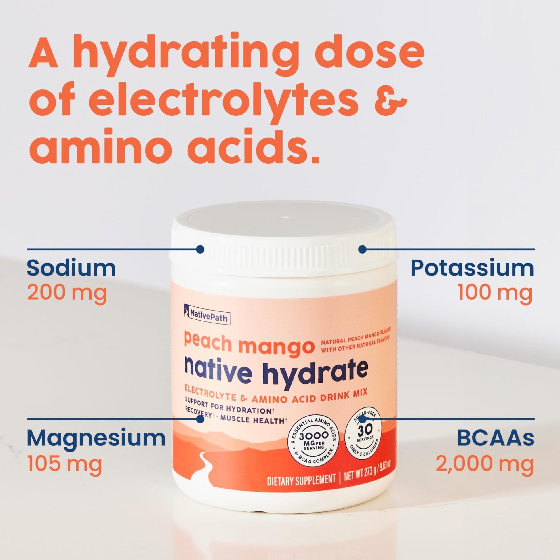 NativePath Hydrate, Zero Sugar, Electrolytes Powder with BCAAs, Peach Mango Hydration, Keto & Paleo Friendly, 30 Servings - Maple Wellness Supplements
