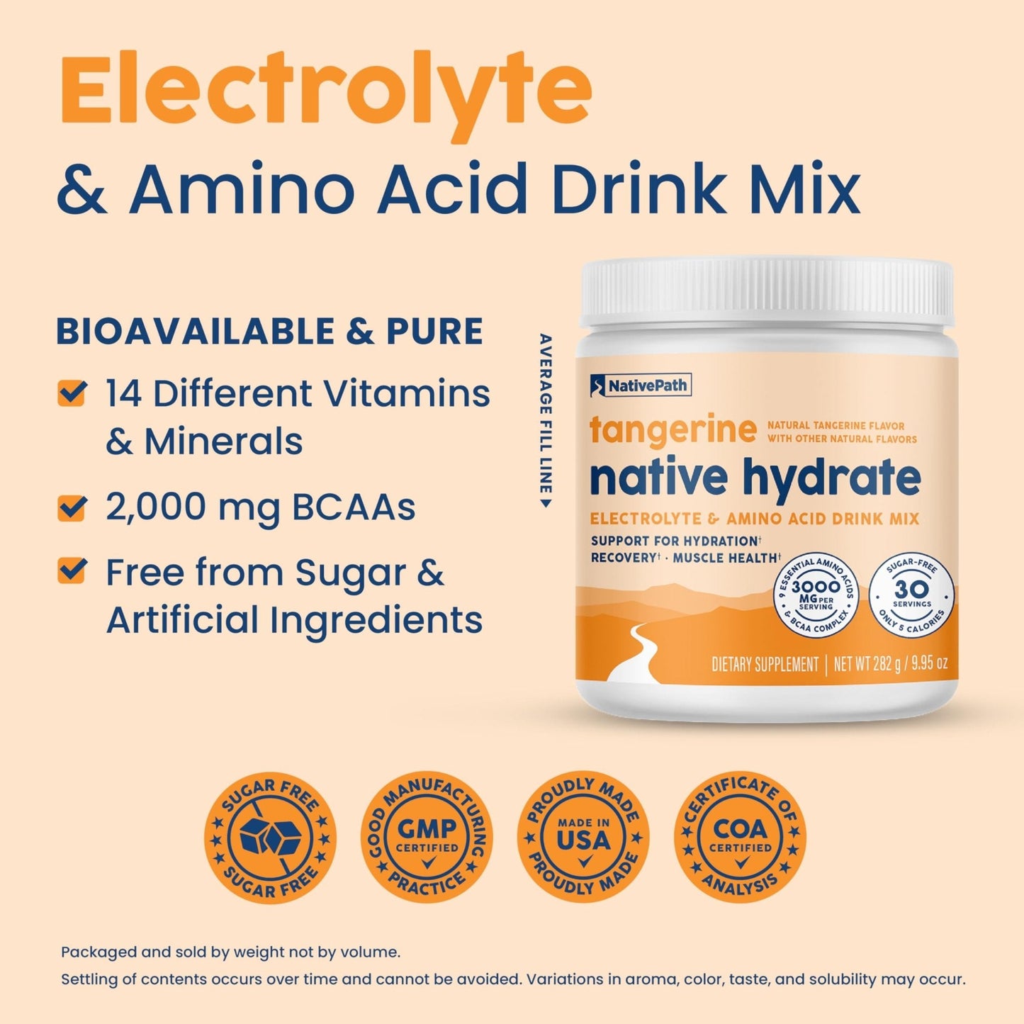 NativePath Hydrate, Zero Sugar, Electrolytes Powder with BCAAs, Tangerine Hydration, Keto & Paleo Friendly, 30 Servings - Maple Wellness Supplements