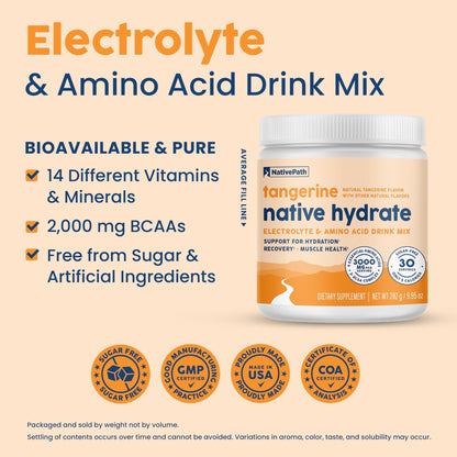NativePath Hydrate, Zero Sugar, Electrolytes Powder with BCAAs, Tangerine Hydration, Keto & Paleo Friendly, 30 Servings - Maple Wellness Supplements