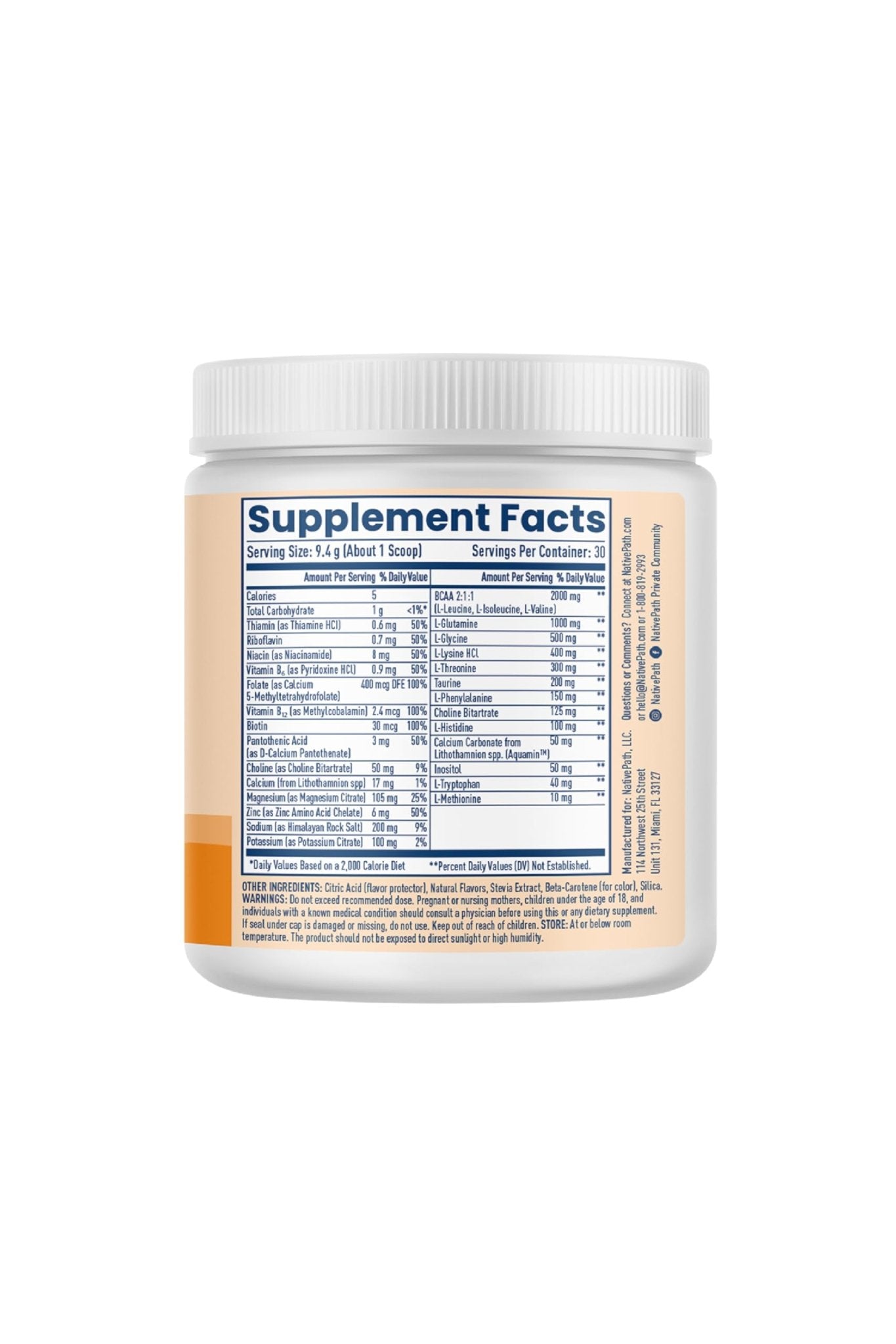 NativePath Hydrate, Zero Sugar, Electrolytes Powder with BCAAs, Tangerine Hydration, Keto & Paleo Friendly, 30 Servings - Maple Wellness Supplements
