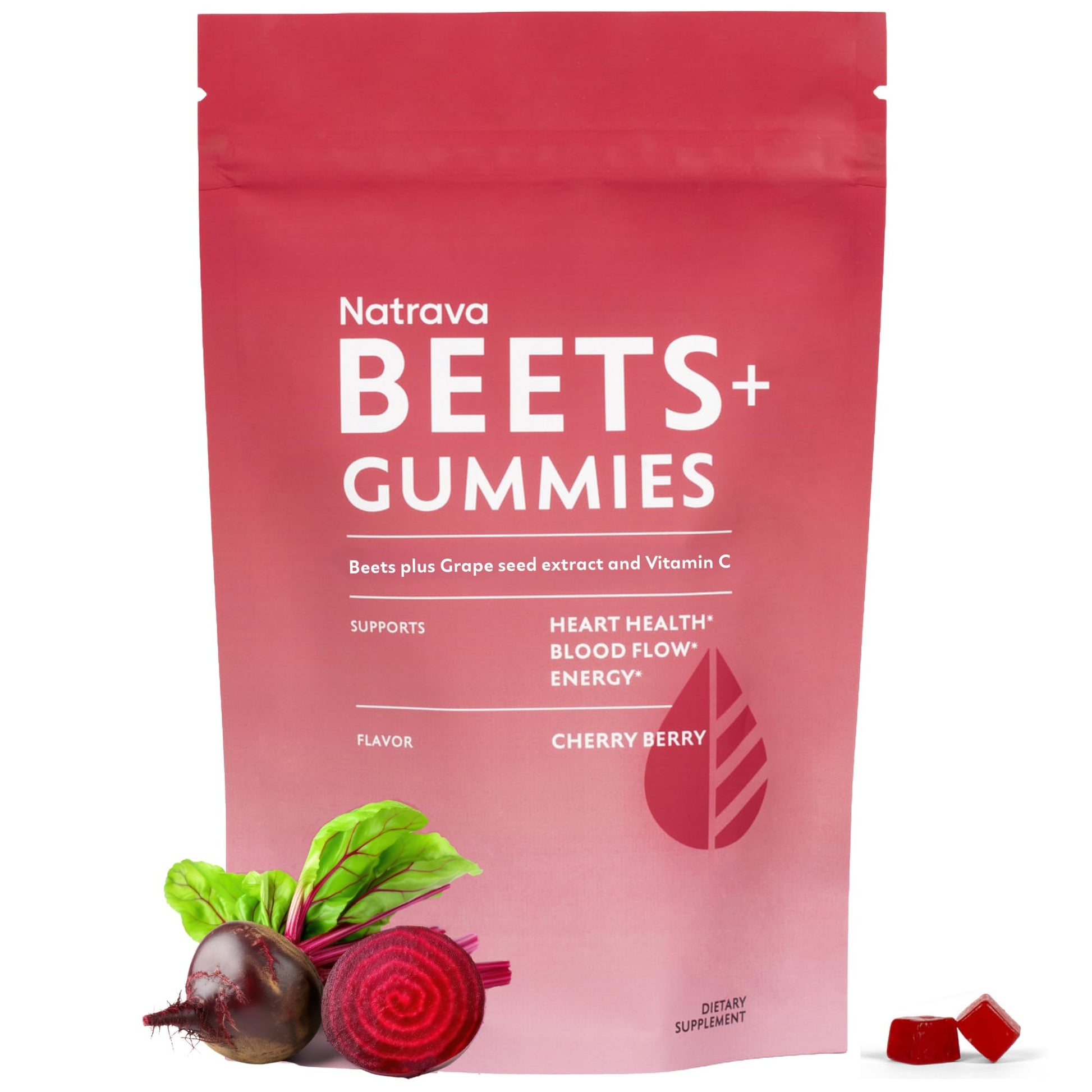 Natrava Beets+ Gummies - Premium Beet Root Powder, Grape Seed Extract and Vitamin C - Supports Healthy Blood Pressure and Heart Health - Low Sugar Nitric Oxide and Circulation Supplement - 50 Gummies - Maple Wellness Supplements