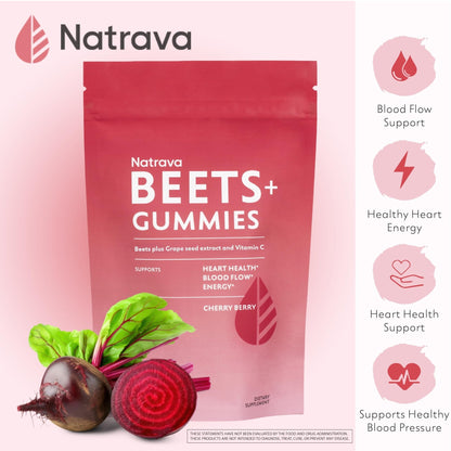 Natrava Beets+ Gummies - Premium Beet Root Powder, Grape Seed Extract and Vitamin C - Supports Healthy Blood Pressure and Heart Health - Low Sugar Nitric Oxide and Circulation Supplement - 50 Gummies - Maple Wellness Supplements