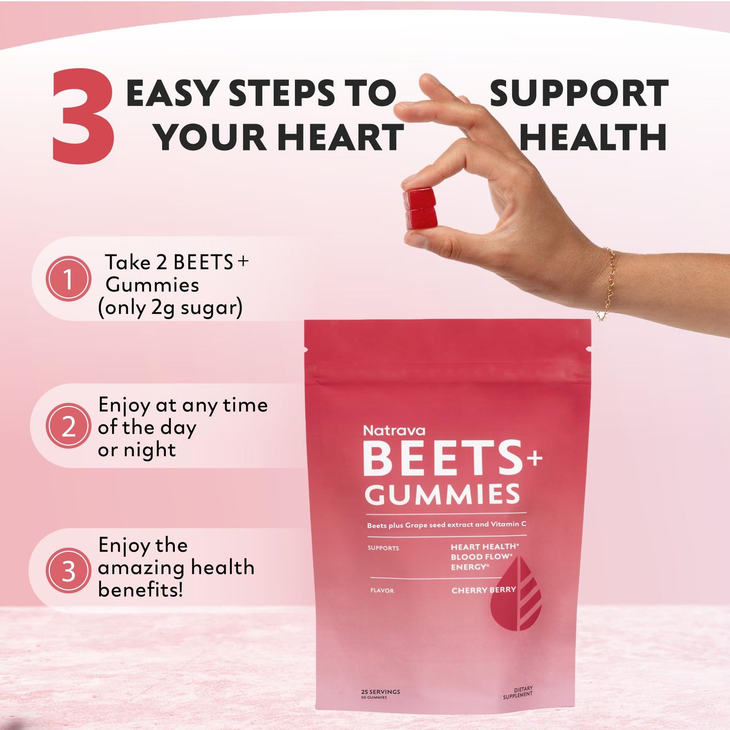 Natrava Beets+ Gummies - Premium Beet Root Powder, Grape Seed Extract and Vitamin C - Supports Healthy Blood Pressure and Heart Health - Low Sugar Nitric Oxide and Circulation Supplement - 50 Gummies - Maple Wellness Supplements