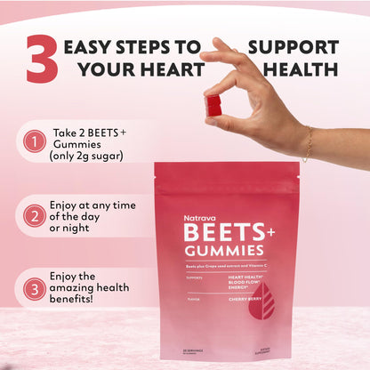 Natrava Beets+ Gummies - Premium Beet Root Powder, Grape Seed Extract and Vitamin C - Supports Healthy Blood Pressure and Heart Health - Low Sugar Nitric Oxide and Circulation Supplement - 50 Gummies - Maple Wellness Supplements