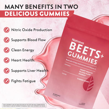 Natrava Beets+ Gummies - Premium Beet Root Powder, Grape Seed Extract and Vitamin C - Supports Healthy Blood Pressure and Heart Health - Low Sugar Nitric Oxide and Circulation Supplement - 50 Gummies - Maple Wellness Supplements