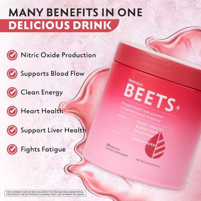 Natrava Beets+ Organic Beet Root Powder Blend Fortified with Vitamins & Prebiotics for Heart Healthy Energy & Nitric Oxide Production - Maple Wellness Supplements