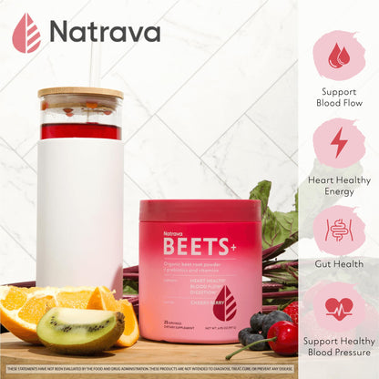Natrava Beets+ Organic Beet Root Powder Blend Fortified with Vitamins & Prebiotics for Heart Healthy Energy & Nitric Oxide Production - Maple Wellness Supplements
