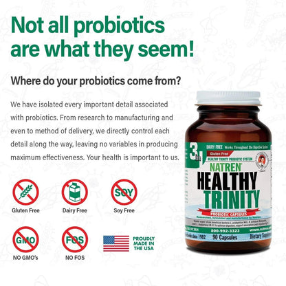 Natren Healthy Trinity Probiotics Supplement - 90 Dairy and Gluten Free Gel Capsules - Improve Gut and Digestive Health, 30 Billion CFU - Lactobacillus Acidophilus, Bifidobacterium, Bulgaricus - Maple Wellness Supplements