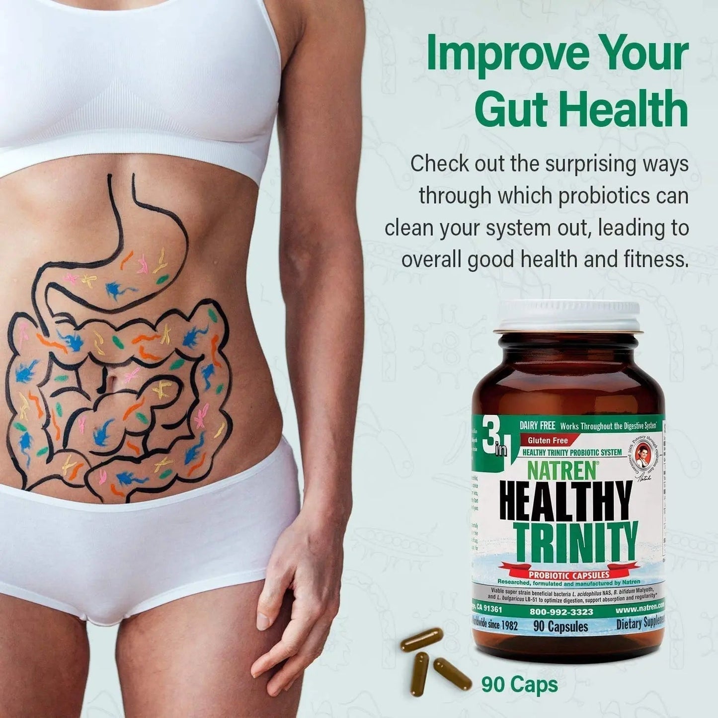 Natren Healthy Trinity Probiotics Supplement - 90 Dairy and Gluten Free Gel Capsules - Improve Gut and Digestive Health, 30 Billion CFU - Lactobacillus Acidophilus, Bifidobacterium, Bulgaricus - Maple Wellness Supplements