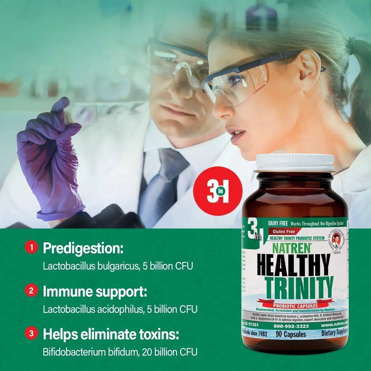 Natren Healthy Trinity Probiotics Supplement - 90 Dairy and Gluten Free Gel Capsules - Improve Gut and Digestive Health, 30 Billion CFU - Lactobacillus Acidophilus, Bifidobacterium, Bulgaricus - Maple Wellness Supplements