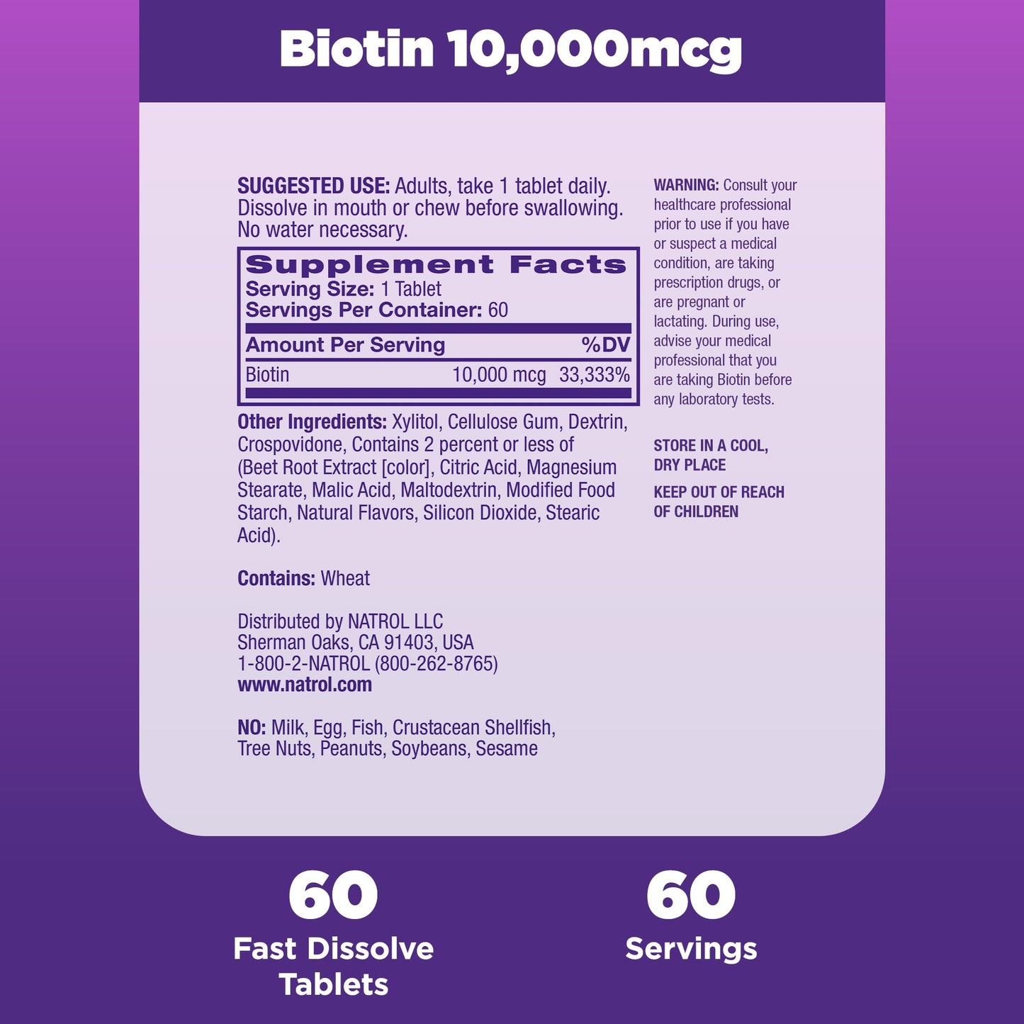 Natrol Biotin 10000mcg, 4X Faster Dissolve Supplement for Healthy Hair, Skin and Nails for Those Low in Biotin, Plus Energy Metabolism Support - Maple Wellness Supplements