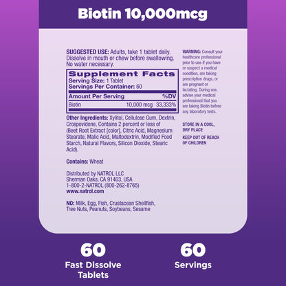 Natrol Biotin 10000mcg, 4X Faster Dissolve Supplement for Healthy Hair, Skin and Nails for Those Low in Biotin, Plus Energy Metabolism Support - Maple Wellness Supplements