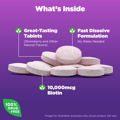 Natrol Biotin 10000mcg, 4X Faster Dissolve Supplement for Healthy Hair, Skin and Nails for Those Low in Biotin, Plus Energy Metabolism Support - Maple Wellness Supplements