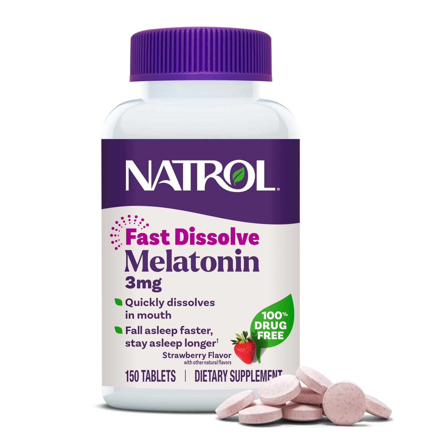 Natrol Fast Dissolve Melatonin 3 mg, Melatonin Supplements for Restful Sleep, Sleep Support for Adults, 150 Strawberry-Flavored Tablets - Maple Wellness Supplements