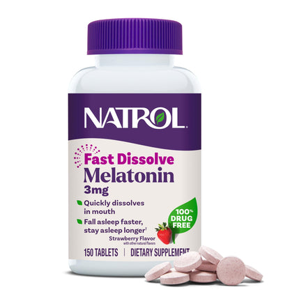 Natrol Fast Dissolve Melatonin 3 mg, Melatonin Supplements for Restful Sleep, Sleep Support for Adults, 150 Strawberry-Flavored Tablets - Maple Wellness Supplements