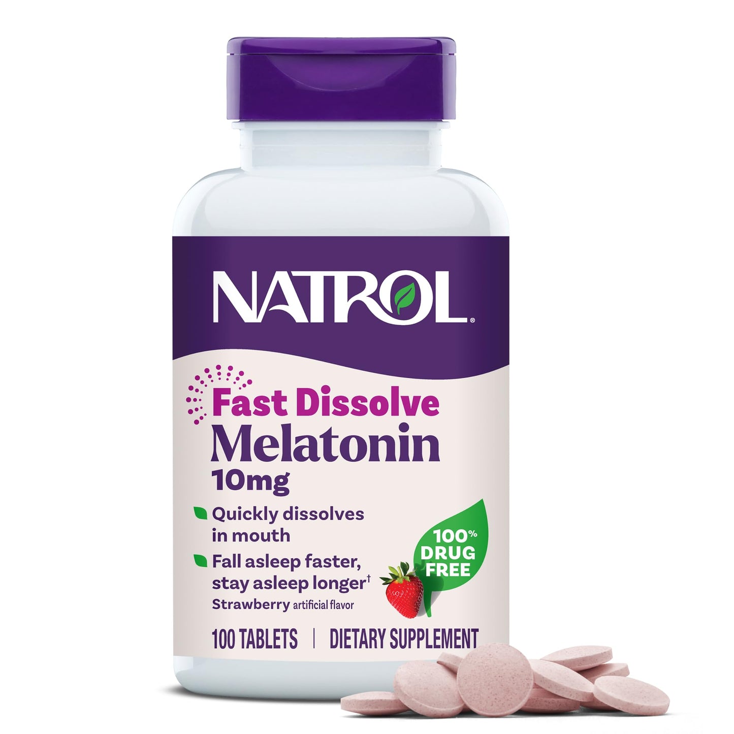Natrol Melatonin 10mg Fast Dissolve Tablets - Strawberry Flavor, 100 Count, Sleep Support, Fast Dissolve Melatonin for Adults, 100-Day Supply - Maple Wellness Supplements