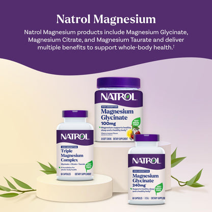 Natrol Triple Magnesium Complex Supplement, Glycinate, Citrate & Taurate 200mg High Absorption, Support Whole Body Wellness, 60 Capsules - Maple Wellness Supplements