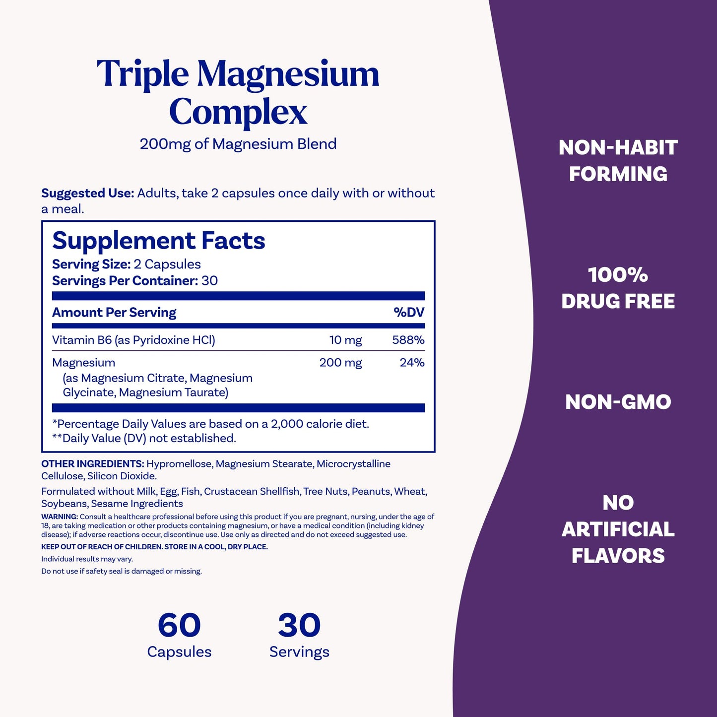 Natrol Triple Magnesium Complex Supplement, Glycinate, Citrate & Taurate 200mg High Absorption, Support Whole Body Wellness, 60 Capsules - Maple Wellness Supplements