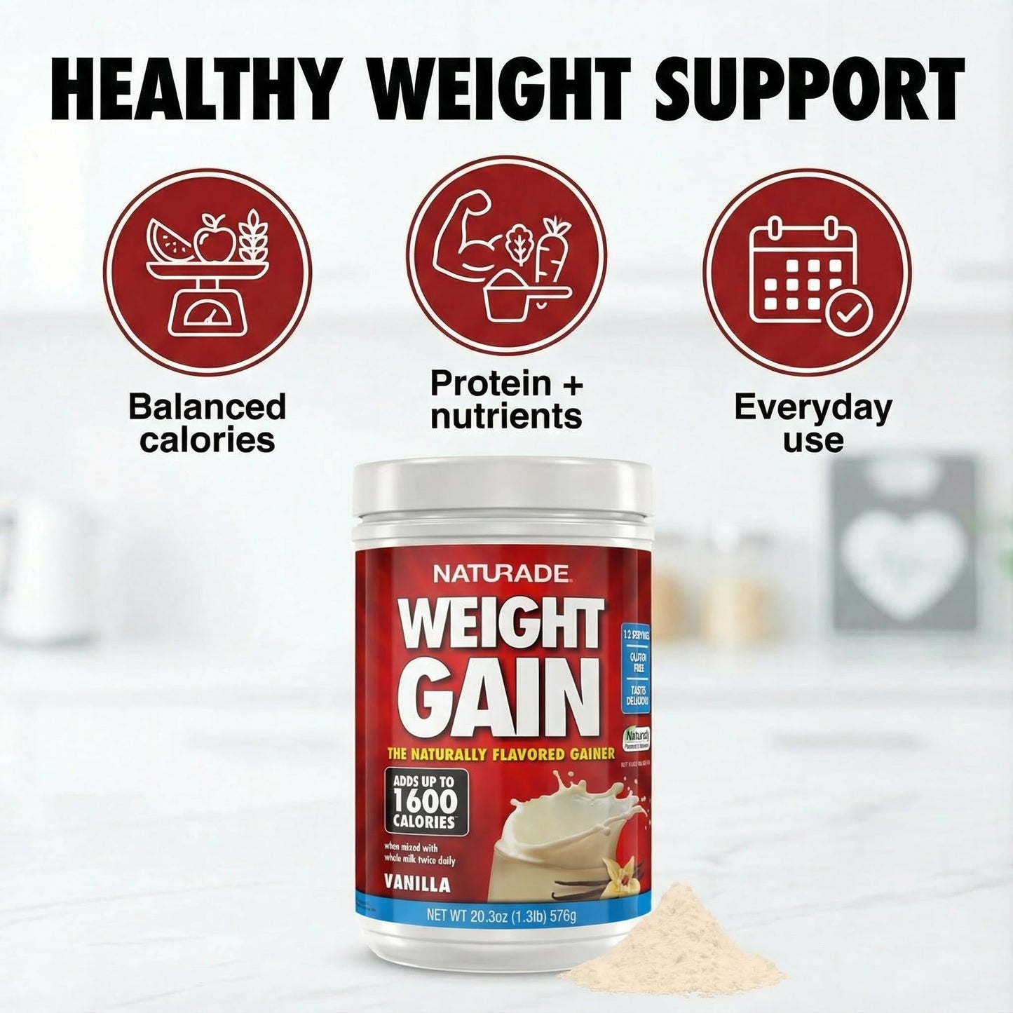 Naturade Weight Gain Nutrition Drink Mix for Healthy Weight Support, Balanced Calories with Protein, Vitamins & Minerals, Vanilla - 20.3 oz - Maple Wellness Supplements